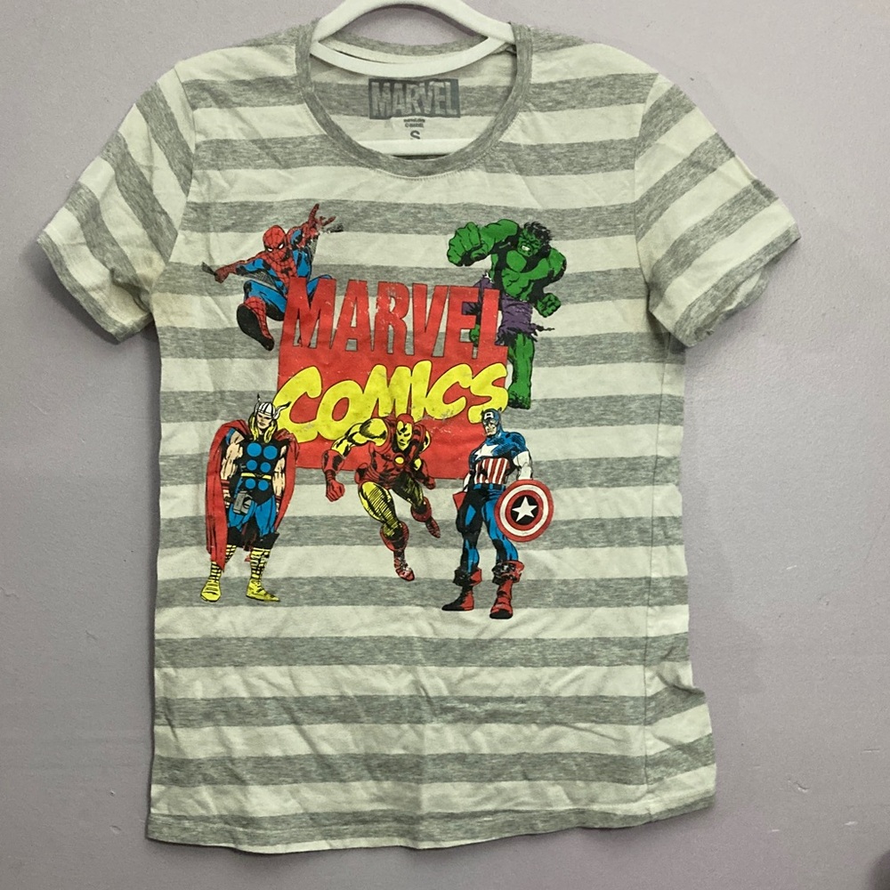 Marvel Gray Striped T-Shirt with Colorful Characters